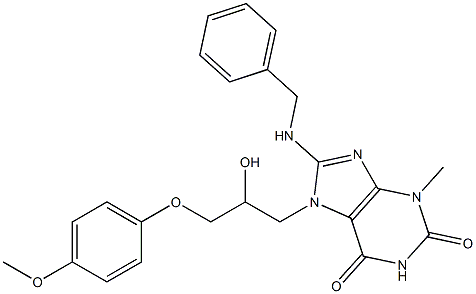 7-(2-hydroxy-3-{[4-(methyloxy)phenyl]oxy}propyl)-3-methyl-8-[(phenylmethyl)amino]-3,7-dihydro-1H-purine-2,6-dione Struktur