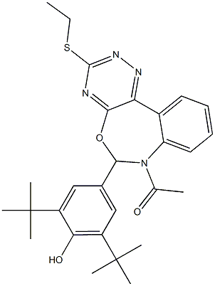 4-[7-acetyl-3-(ethylsulfanyl)-6,7-dihydro[1,2,4]triazino[5,6-d][3,1]benzoxazepin-6-yl]-2,6-ditert-butylphenol Struktur