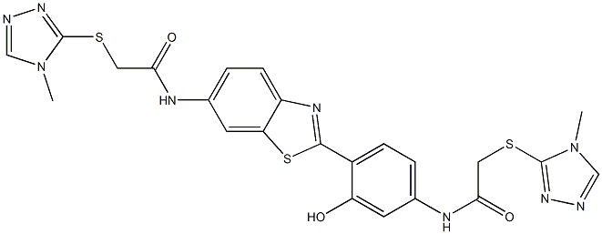 N-{3-hydroxy-4-[6-({[(4-methyl-4H-1,2,4-triazol-3-yl)sulfanyl]acetyl}amino)-1,3-benzothiazol-2-yl]phenyl}-2-[(4-methyl-4H-1,2,4-triazol-3-yl)sulfanyl]acetamide Struktur