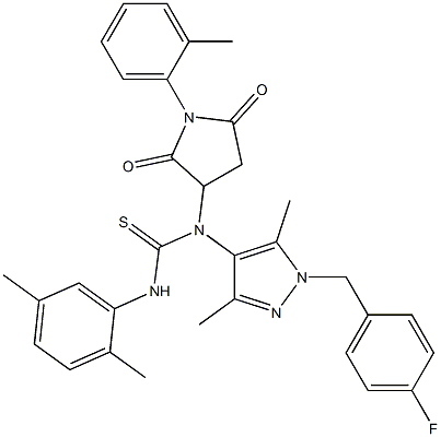 N'-(2,5-dimethylphenyl)-N-[1-(4-fluorobenzyl)-3,5-dimethyl-1H-pyrazol-4-yl]-N-[1-(2-methylphenyl)-2,5-dioxo-3-pyrrolidinyl]thiourea Struktur