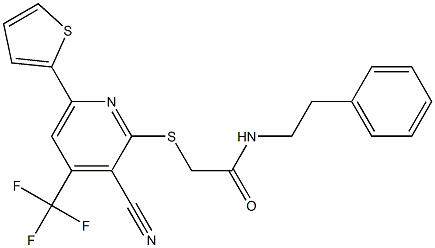 2-{[3-cyano-6-(2-thienyl)-4-(trifluoromethyl)-2-pyridinyl]sulfanyl}-N-(2-phenylethyl)acetamide Struktur