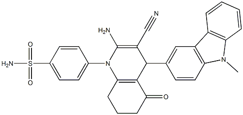 4-(2-amino-3-cyano-4-(9-methyl-9H-carbazol-3-yl)-5-oxo-5,6,7,8-tetrahydroquinolin-1(4H)-yl)benzenesulfonamide Struktur