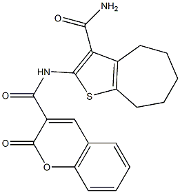 N-[3-(aminocarbonyl)-5,6,7,8-tetrahydro-4H-cyclohepta[b]thien-2-yl]-2-oxo-2H-chromene-3-carboxamide Struktur