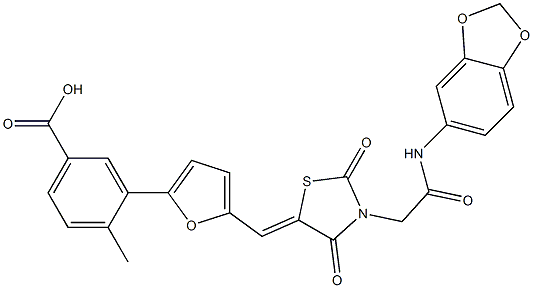 3-[5-({3-[2-(1,3-benzodioxol-5-ylamino)-2-oxoethyl]-2,4-dioxo-1,3-thiazolidin-5-ylidene}methyl)-2-furyl]-4-methylbenzoic acid Struktur