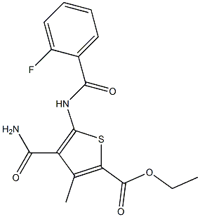 ethyl 4-(aminocarbonyl)-5-[(2-fluorobenzoyl)amino]-3-methyl-2-thiophenecarboxylate Struktur