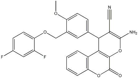 3-amino-1-{3-[(2,4-difluorophenoxy)methyl]-4-methoxyphenyl}-5-oxo-1,5-dihydropyrano[2,3-c]chromene-2-carbonitrile Struktur