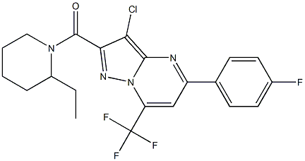 3-chloro-2-[(2-ethyl-1-piperidinyl)carbonyl]-5-(4-fluorophenyl)-7-(trifluoromethyl)pyrazolo[1,5-a]pyrimidine Struktur