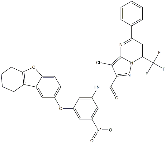 3-chloro-N-[3-nitro-5-(6,7,8,9-tetrahydrodibenzo[b,d]furan-2-yloxy)phenyl]-5-phenyl-7-(trifluoromethyl)pyrazolo[1,5-a]pyrimidine-2-carboxamide Struktur