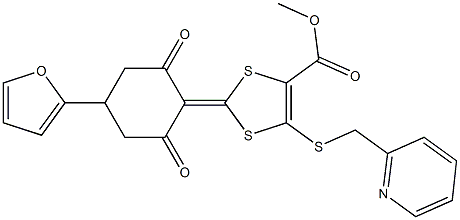 methyl 2-[4-(2-furyl)-2,6-dioxocyclohexylidene]-5-[(2-pyridinylmethyl)sulfanyl]-1,3-dithiole-4-carboxylate Struktur