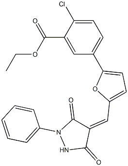 ethyl 2-chloro-5-{5-[(3,5-dioxo-1-phenyl-4-pyrazolidinylidene)methyl]-2-furyl}benzoate Struktur