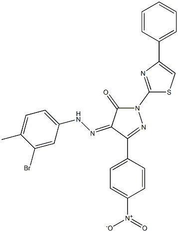 3-(4-nitrophenyl)-1-(4-phenyl-1,3-thiazol-2-yl)-1H-pyrazole-4,5-dione 4-[N-(3-bromo-4-methylphenyl)hydrazone] Struktur