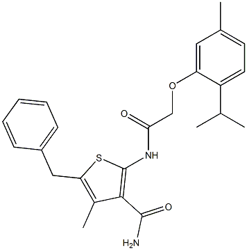 5-benzyl-2-{[2-(2-isopropyl-5-methylphenoxy)acetyl]amino}-4-methyl-3-thiophenecarboxamide Struktur