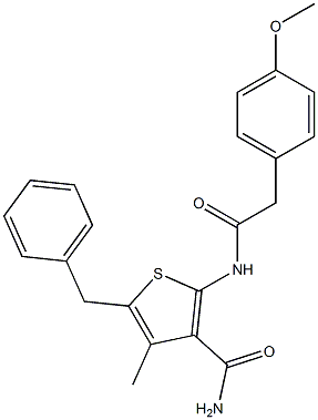 5-benzyl-2-{[2-(4-methoxyphenyl)acetyl]amino}-4-methyl-3-thiophenecarboxamide Struktur