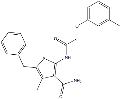 5-benzyl-4-methyl-2-{[2-(3-methylphenoxy)acetyl]amino}-3-thiophenecarboxamide Struktur