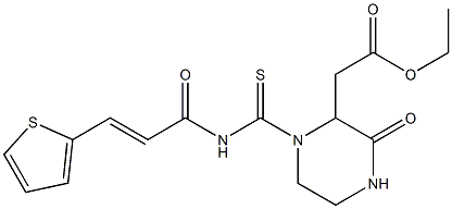 ethyl 2-[3-oxo-1-({[(E)-3-(2-thienyl)-2-propenoyl]amino}carbothioyl)-2-piperazinyl]acetate Struktur