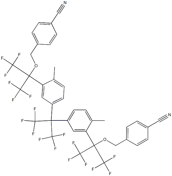 2,2-Bis[4-methyl-3-[2-(p-cyanobenzyloxy)-1,1,1,3,3,3-hexafluoropropan-2-yl]phenyl]-1,1,1,3,3,3-hexafluoropropane Struktur