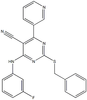 2-Benzylthio-6-(3-pyridinyl)-4-(3-fluorophenyl)aminopyrimidine-5-carbonitrile Struktur