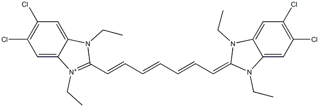 5,6-Dichloro-1,3-diethyl-2-[7-[(5,6-dichloro-1,3-diethyl-2,3-dihydro-1H-benzimidazol)-2-ylidene]hepta-1,3,5-trien-1-yl]-3H-benzimidazol-1-ium Struktur