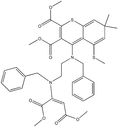 7,7-Dimethyl-5-(methylthio)-4-[benzyl[2-[benzyl[1,2-bis(methoxycarbonyl)ethenyl]amino]ethyl]amino]-7H-1-benzothiopyran-2,3-dicarboxylic acid dimethyl ester Struktur