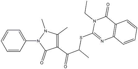 3-Ethyl-2-[[1-[(1-phenyl-2,3-dimethyl-5-oxo-3-pyrazolin-4-yl)carbonyl]ethyl]thio]quinazolin-4(3H)-one Struktur