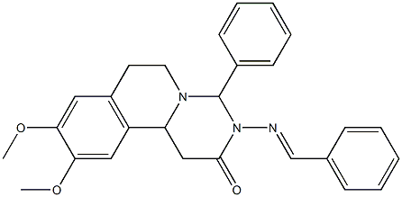 3-(Benzylideneamino)-4-phenyl-9,10-dimethoxy-1,3,4,6,7,11b-hexahydro-2H-pyrimido[6,1-a]isoquinolin-2-one Struktur