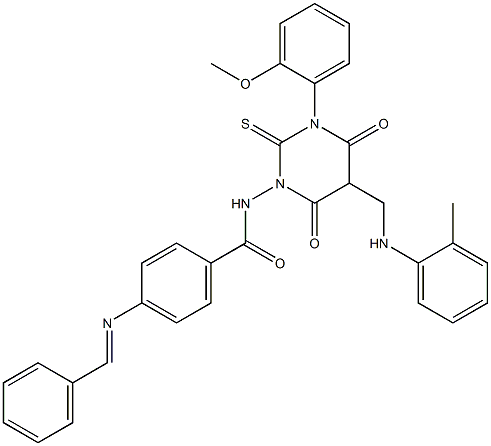 4-(Benzylideneamino)-N-[[hexahydro-4,6-dioxo-2-thioxo-3-(2-methoxyphenyl)-5-(2-methylphenylaminomethyl)pyrimidin]-1-yl]benzamide Struktur