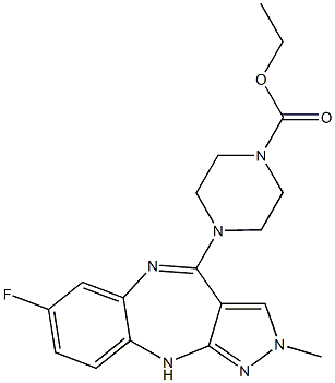 2-Methyl-4-(4-(ethoxycarbonyl)piperazin-1-yl)-7-fluoro-2,10-dihydropyrazolo[3,4-b][1,5]benzodiazepine Struktur