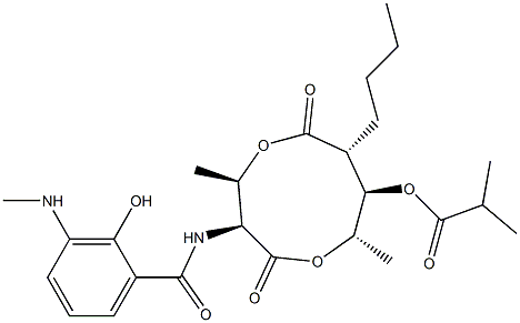 2-Methylpropanoic acid (3S,4R,7R,8R,9S)-3-[(3-methylamino-2-hydroxybenzoyl)amino]-4,9-dimethyl-2,6-dioxo-7-butyl-1,5-dioxonan-8-yl ester Struktur