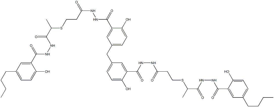 5,5'-Methylenebis[N'-[3-[[1-[[N'-(5-butylsalicyloyl)hydrazino]carbonyl]ethyl]thio]propionyl]salicylic hydrazide] Struktur