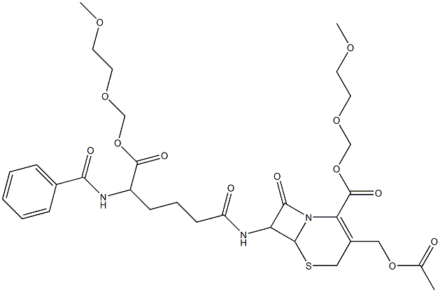 7-[5-Phenylcarbonylamino-5-[(2,5-dioxahexan-1-yl)oxycarbonyl]valerylamino]-3-acetoxymethyl-8-oxo-5-thia-1-azabicyclo[4.2.0]oct-2-ene-2-carboxylic acid 2,5-dioxahexan-1-yl ester Struktur