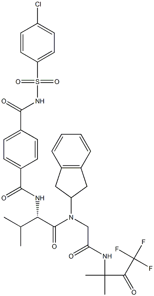 N-[(1S)-1-[[[(2,3-Dihydro-1H-inden)-2-yl][[[2-(trifluoroacetyl)propan-2-yl]carbamoyl]methyl]amino]carbonyl]-2-methylpropyl]-N'-[(4-chlorophenyl)sulfonyl]terephthalamide Struktur