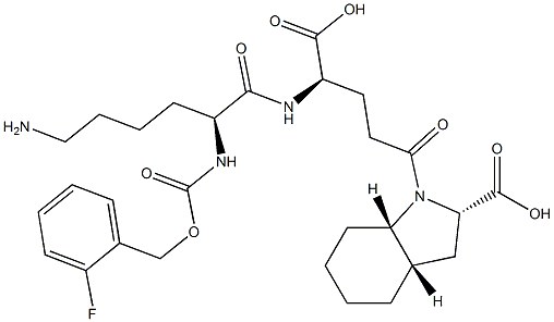 (2S,3aS,7aS)-Octahydro-1-[(4R)-4-[[(2S)-6-amino-2-[(2-fluorobenzyloxy)carbonylamino]hexanoyl]amino]-4-carboxybutyryl]-1H-indole-2-carboxylic acid Struktur