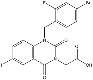 1-(4-Bromo-2-fluorobenzyl)-1,2,3,4-tetrahydro-6-iodo-2,4-dioxoquinazoline-3-acetic acid Struktur