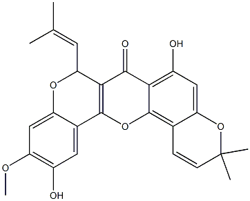 6,12-Dihydroxy-3,3-dimethyl-11-methoxy-8-(2-methyl-1-propenyl)-3H,7H,8H-bis[1]benzopyrano[4,3-b:6',5'-e]pyran-7-one Struktur