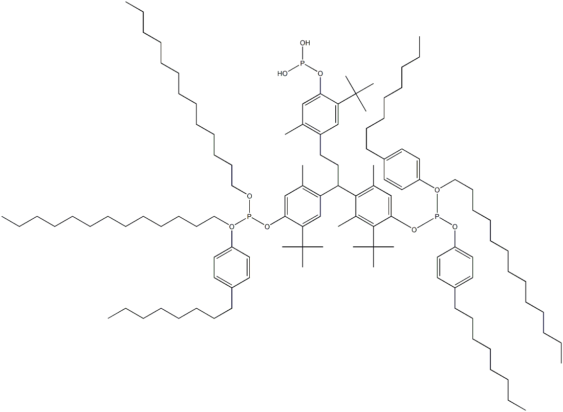 [3-Methyl-1,1,3-propanetriyltris(2-tert-butyl-5-methyl-4,1-phenyleneoxy)]tris(phosphonous acid)O,O',O''-tritridecyl O,O',O''-tris(4-octylphenyl) ester Struktur