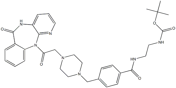 5,11-Dihydro-11-[[4-[4-[2-(tert-butoxycarbonylamino)ethylaminocarbonyl]benzyl]-1-piperazinyl]acetyl]-6H-pyrido[2,3-b][1,4]benzodiazepin-6-one Struktur