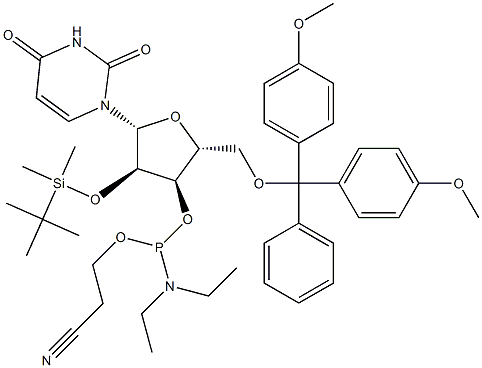 5'-O-(4,4'-Dimethoxytrityl)-2'-O-(tert-butyldimethylsilyl)uridine 3'-[diethylaminophosphonous acid (2-cyanoethyl)] ester Struktur