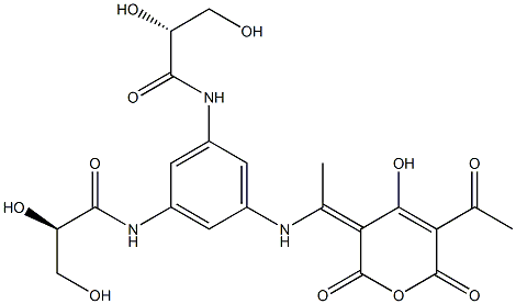 (3Z)-5-Acetyl-4-hydroxy-3-[1-[3,5-bis[(R)-2,3-dihydroxypropanoylamino]phenylamino]ethylidene]-2H-pyran-2,6(3H)-dione Struktur