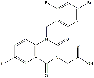 1-(4-Bromo-2-fluorobenzyl)-1,2,3,4-tetrahydro-6-chloro-4-oxo-2-thioxoquinazoline-3-acetic acid Struktur