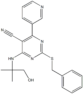 2-Benzylthio-6-(3-pyridinyl)-4-(1,1-dimethyl-2-hydroxyethyl)aminopyrimidine-5-carbonitrile Struktur