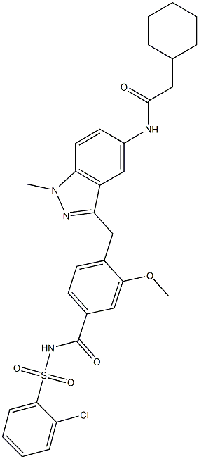 4-[5-Cyclohexylacetylamino-1-methyl-1H-indazol-3-ylmethyl]-3-methoxy-N-(2-chlorophenylsulfonyl)benzamide Struktur