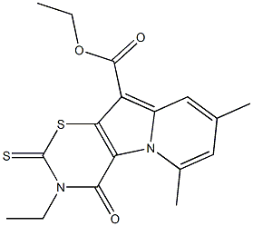 3,4-Dihydro-4-oxo-2-thioxo-3-ethyl-6,8-dimethyl-2H-1,3-thiazino[6,5-b]indolizine-10-carboxylic acid ethyl ester Struktur