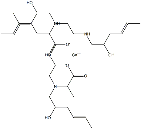 Bis[2-[N-(2-hydroxy-4-hexenyl)-N-[2-(2-hydroxy-4-hexenylamino)ethyl]amino]propionic acid]calcium salt Struktur