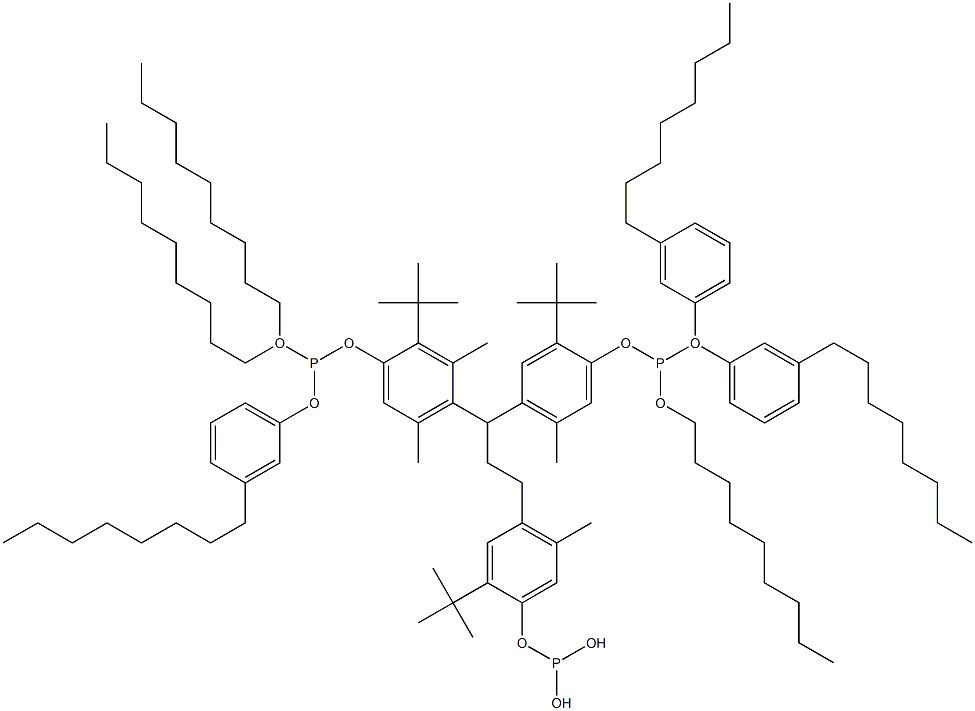 [3-Methyl-1,1,3-propanetriyltris(2-tert-butyl-5-methyl-4,1-phenyleneoxy)]tris(phosphonous acid)O,O',O'-trinonyl O,O'',O''-tris(3-octylphenyl) ester Struktur