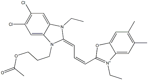 2-[3-[[1-[3-(Acetyloxy)propyl]-5,6-dichloro-3-ethyl-1,3-dihydro-2H-benzimidazol]-2-ylidene]-1-propenyl]-3-ethyl-5,6-dimethylbenzoxazol-3-ium Struktur