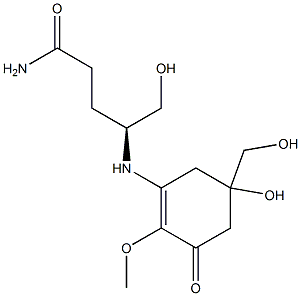 (4S)-4-[[5-Hydroxy-5-(hydroxymethyl)-2-methoxy-1-oxo-2-cyclohexen-3-yl]amino]-5-hydroxyvaleramide Struktur