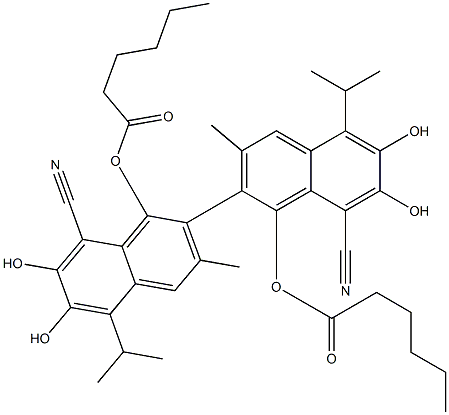 1,1'-Bis(hexanoyloxy)-6,6',7,7'-tetrahydroxy-5,5'-diisopropyl-3,3'-dimethyl-2,2'-binaphthalene-8,8'-dicarbonitrile Struktur