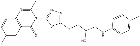 6-Iodo-2-methyl-3-[5-[[3-(4-methylanilino)-2-hydroxypropyl]thio]-1,3,4-thiadiazol-2-yl]quinazolin-4(3H)-one Struktur