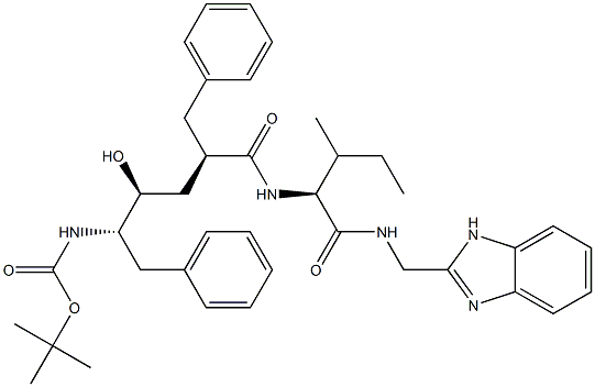 (2S)-2-[[(2R,4S,5S)-2-Benzyl-5-(tert-butyloxycarbonylamino)-4-hydroxy-6-phenylhexanoyl]amino]-3-methyl-N-[(1H-benzimidazol-2-yl)methyl]valeramide Struktur