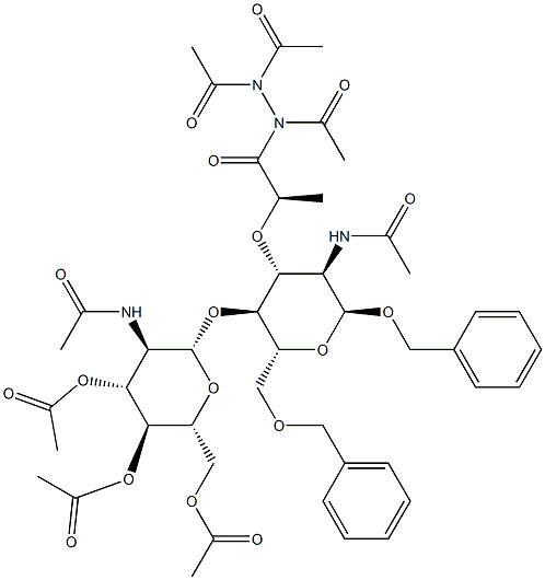 (2R,3S,4R,5R,6S)-5-Acetamido-6-(((2R,3S,4R,5R,6S)-5-acetamido-6-(benzyloxy)-2-((benzyloxy)methyl)-4-(((R)-1-oxo-1-(1,2,2-triacetylhydrazinyl)propan-2-yl)oxy)tetrahydro-2H-pyran-3-yl)oxy)-2-(acetoxymethyl)tetrahydro-2H-pyran-3,4-diyl Diacetate Struktur